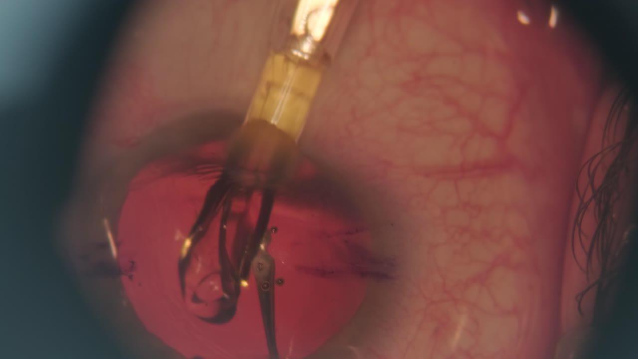 proceso de implantación de lentes oculares. imágenes macro de los ojos durante la cirugía ocular. cirugía oftalmológica.