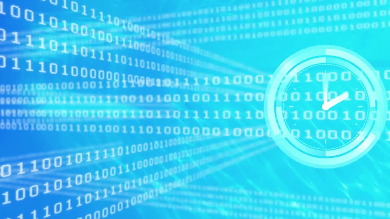 animación de codificación binaria y reloj de neón contra un fondo de gradiente azul.