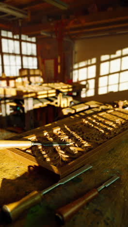 close-up of a wood carving in a workshop