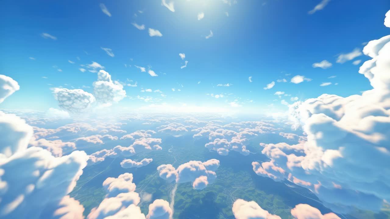 Aerial video view of fluffy clouds over a vast landscape, captured from a high-angle perspective