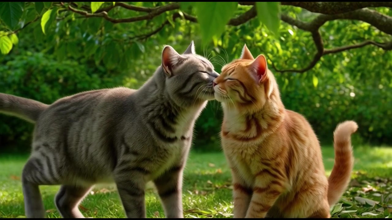 Due gatti che si coccolano in un rigoglioso giardino verde