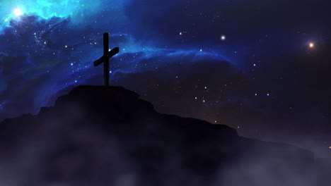 cross on a hill with glowing stars in the background