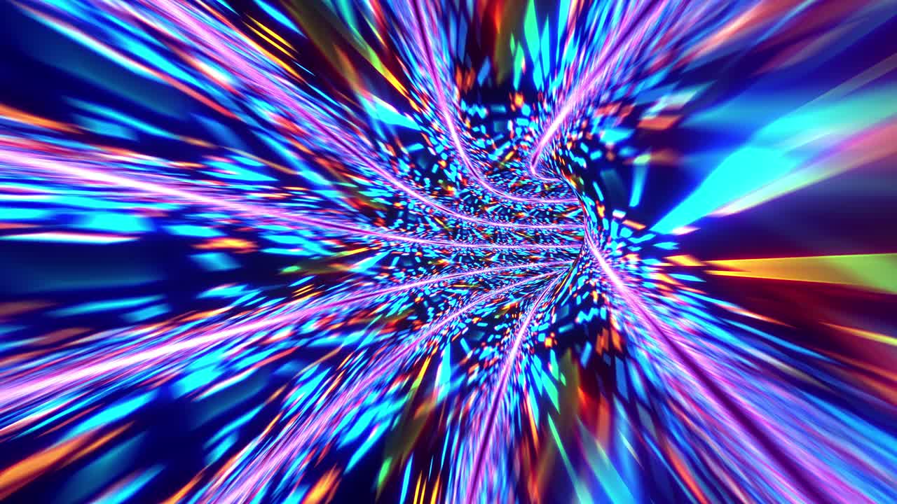 Abstract colorful glowing wire flying lines futuristic motion and illuminated light digital effect in tunnel. Futuristic neon background, ultra violet glowing lines, laser rays, speed of light. 4K 3D