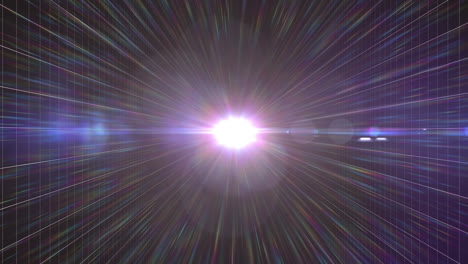 animación digital de un punto brillante de luz y el destello de la lente contra la red de cuadrícula sobre un fondo negro