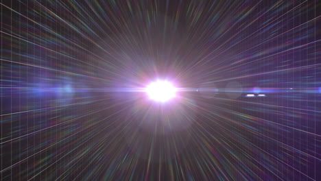 digital animation of bright spot of light and lens flare against grid network on black background