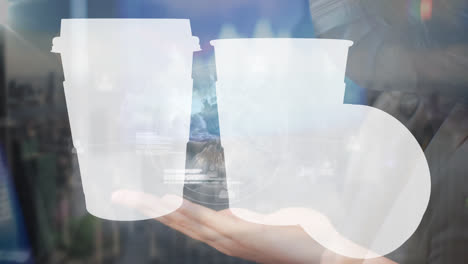 animation of digital screen with white cups over hands of caucasian woman in face mask