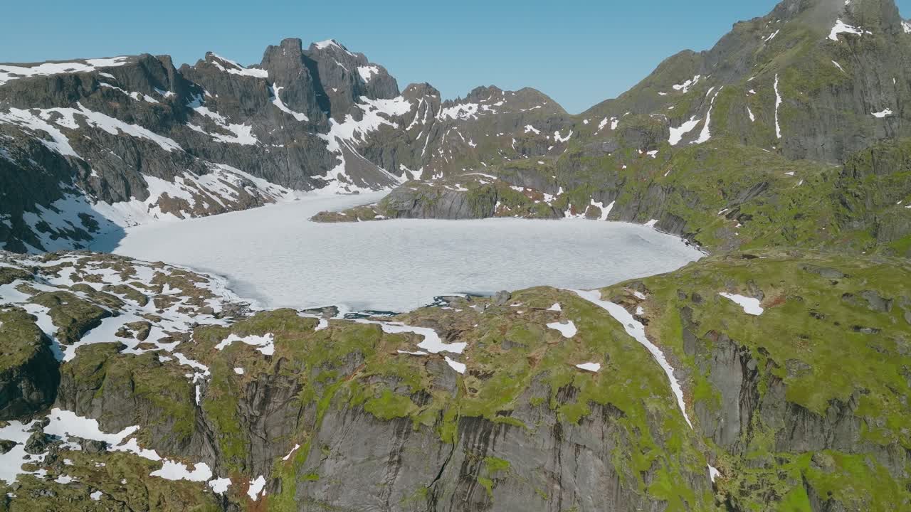 Un lago alpino ghiacciato in alta montagna nelle Lofoten, Norvegia, circondato da aspre cime granitiche sotto un cielo blu, che mostra un paesaggio artico freddo, remoto e mozzafiato ripreso da drone.