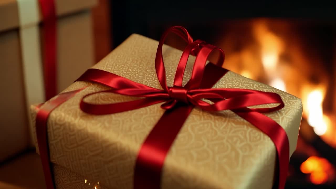 un regalo de navidad bellamente envuelto está junto a la chimenea.