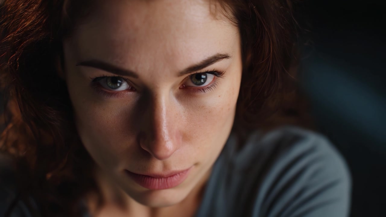 Close-up of a woman with striking expressions in two consecutive frames showcasing emotion and intensity, emphasizing her captivating gaze and natural beauty.