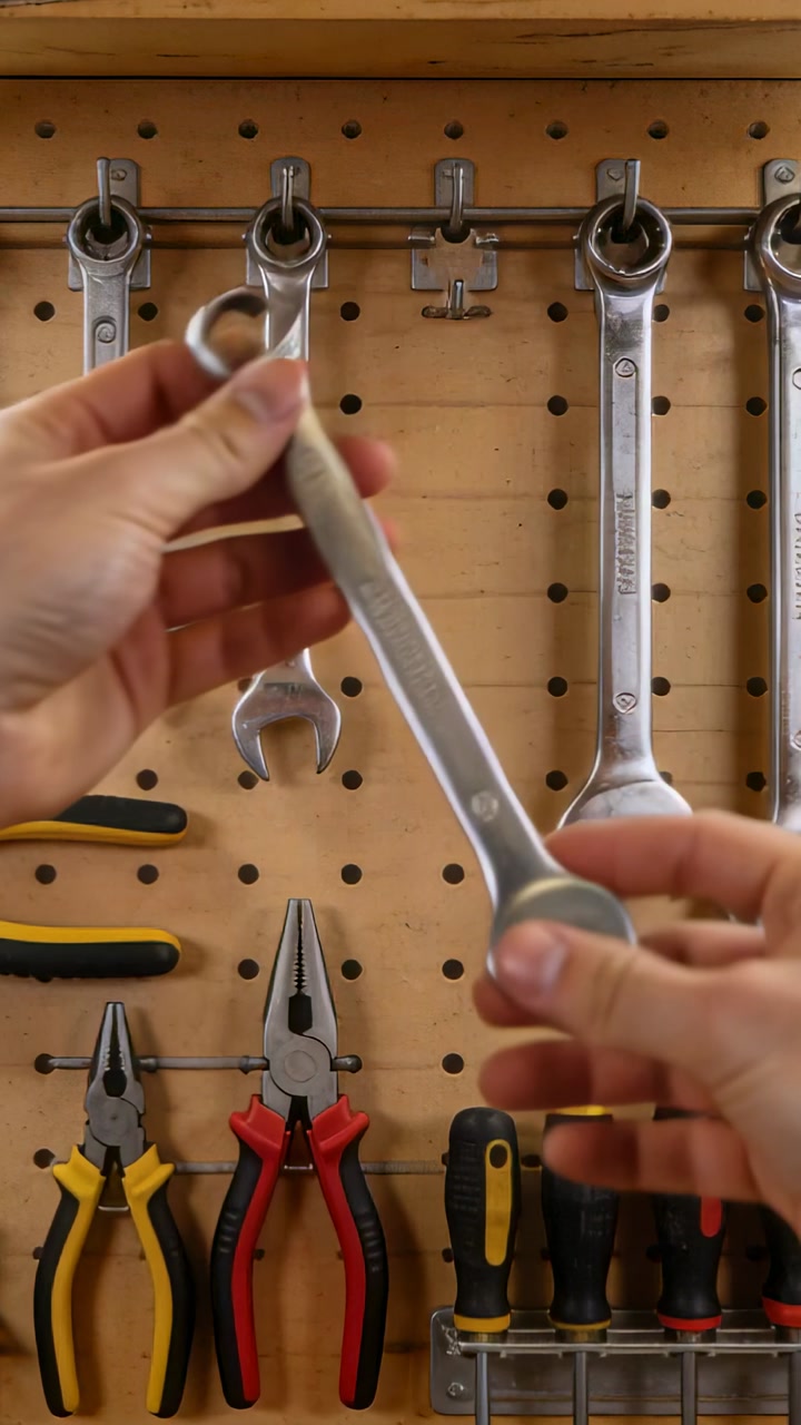 Vertical video: Reaching in, right hand grabbing and rotating wrench on shop pegboard, reading size