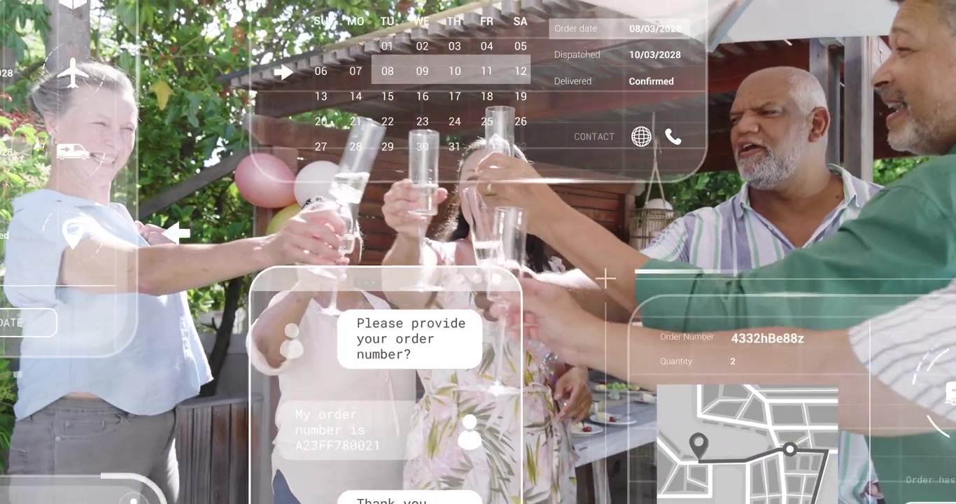 Central woman raising glass, leading toast for party, AR calendar and map animating around group