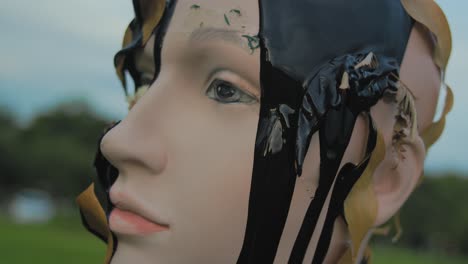 mannequin head with dripping paint and leaves