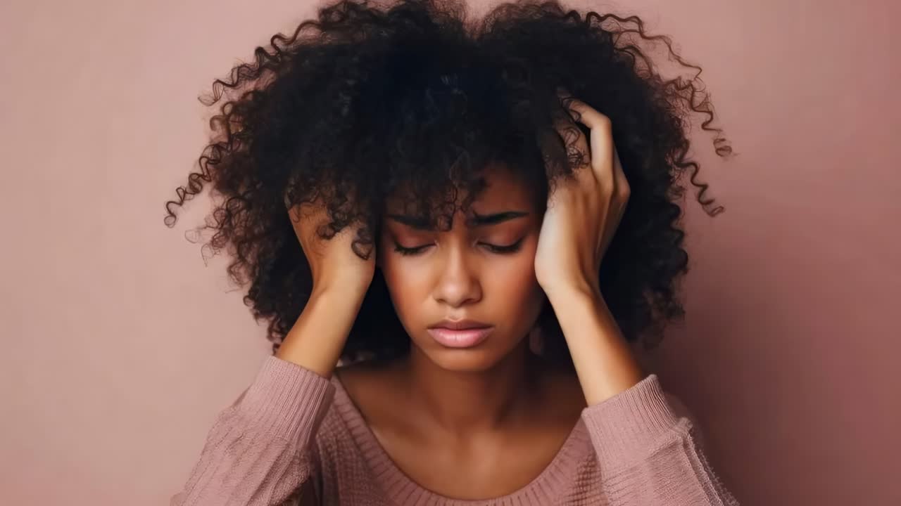 Close-up video still of a person with curly hair holding their head, conveying stress