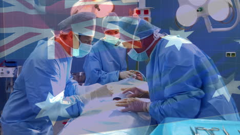 animación de la bandera de australia sobre varios médicos durante la cirugía