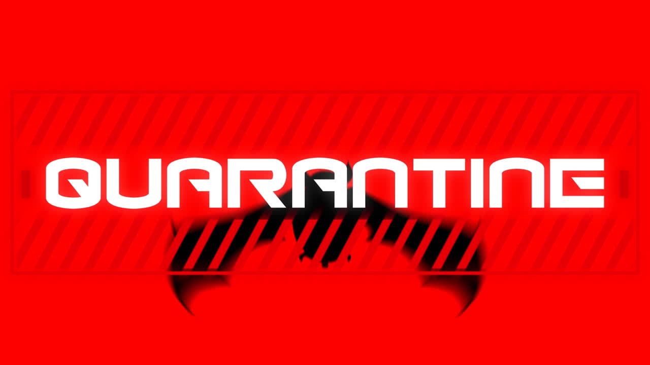 animación del texto de advertencia cuarentena, sobre el murciélago, en rojo