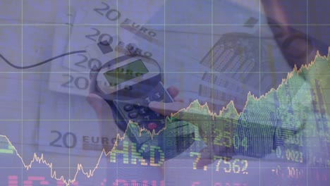 animation of payment terminal over banknotes, statistics and financial data processing