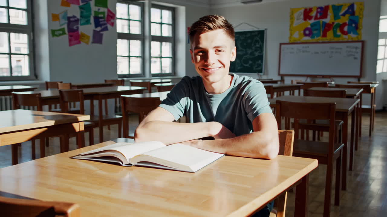 Ragazzo adolescente che legge in classe