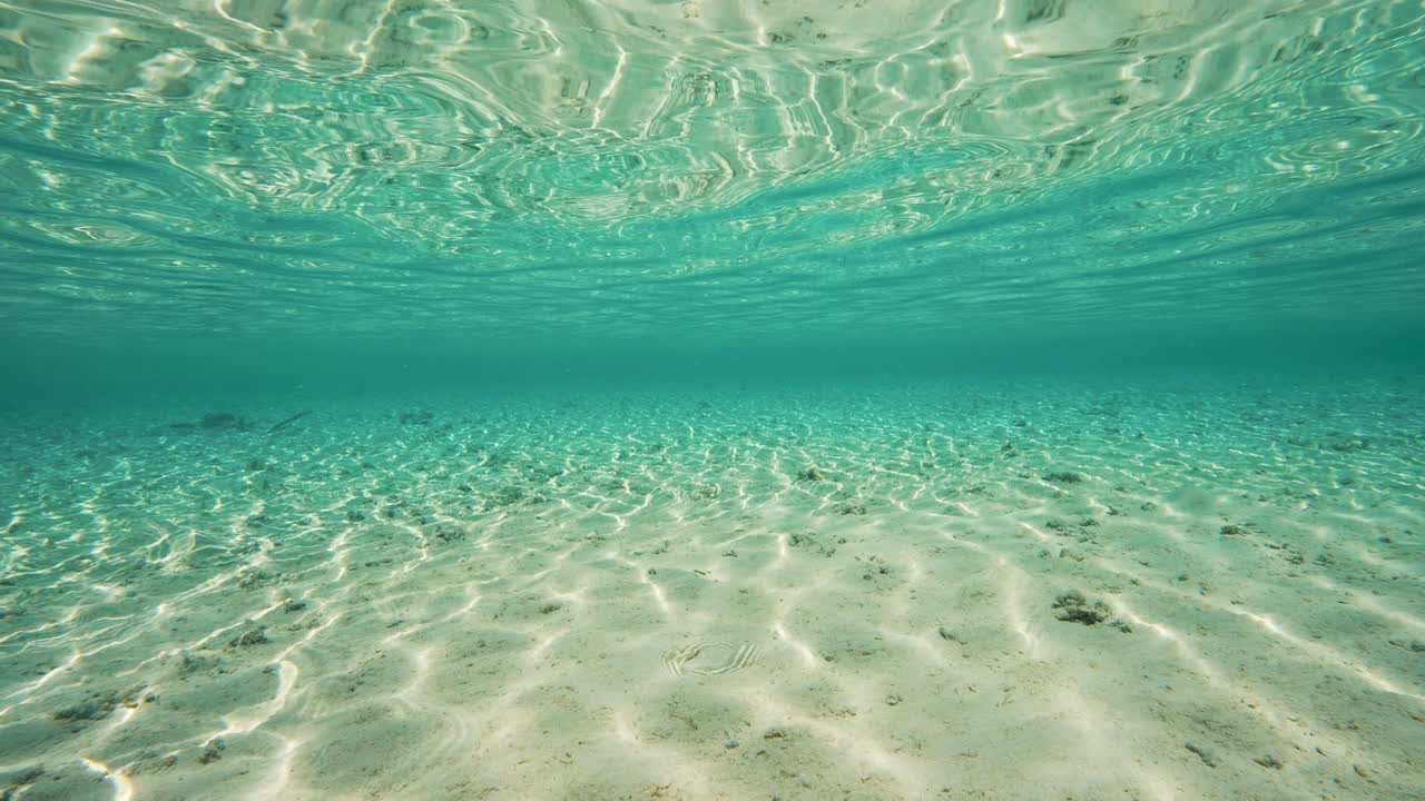 hermosa foto de la superficie del agua reflejada bajo el agua, cámara bajo el agua de una playa tropical en fakarva, el segundo atolón más grande de la polinesia francesa en el océano pacífico sur en cámara lenta