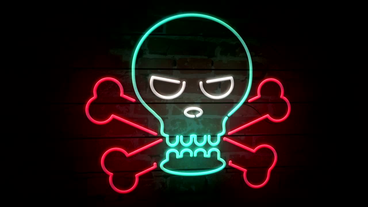 icono de neón del cráneo en la pared de ladrillo
