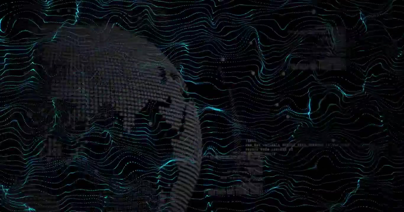Pulsing teal waves initiating nodal sphere rotating dissolving code glyphs flickering showing data
