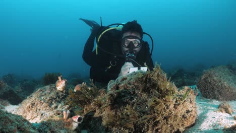 Ein-Meereswissenschaftler-Erforscht-Beim-Tauchen-Ein-Unterwasser-Riffsystem-Und-Zeichnet-Daten-Auf-Einer-Unterwassertafel-Auf.