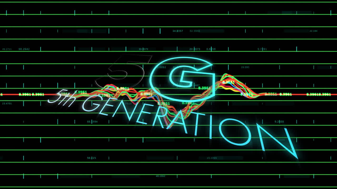 Animation of 5th Generation text with colorful data lines over digital grid
