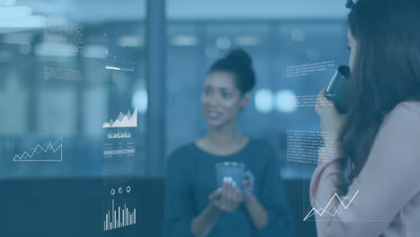 animation of statistical data processing against three diverse women discussing together at office