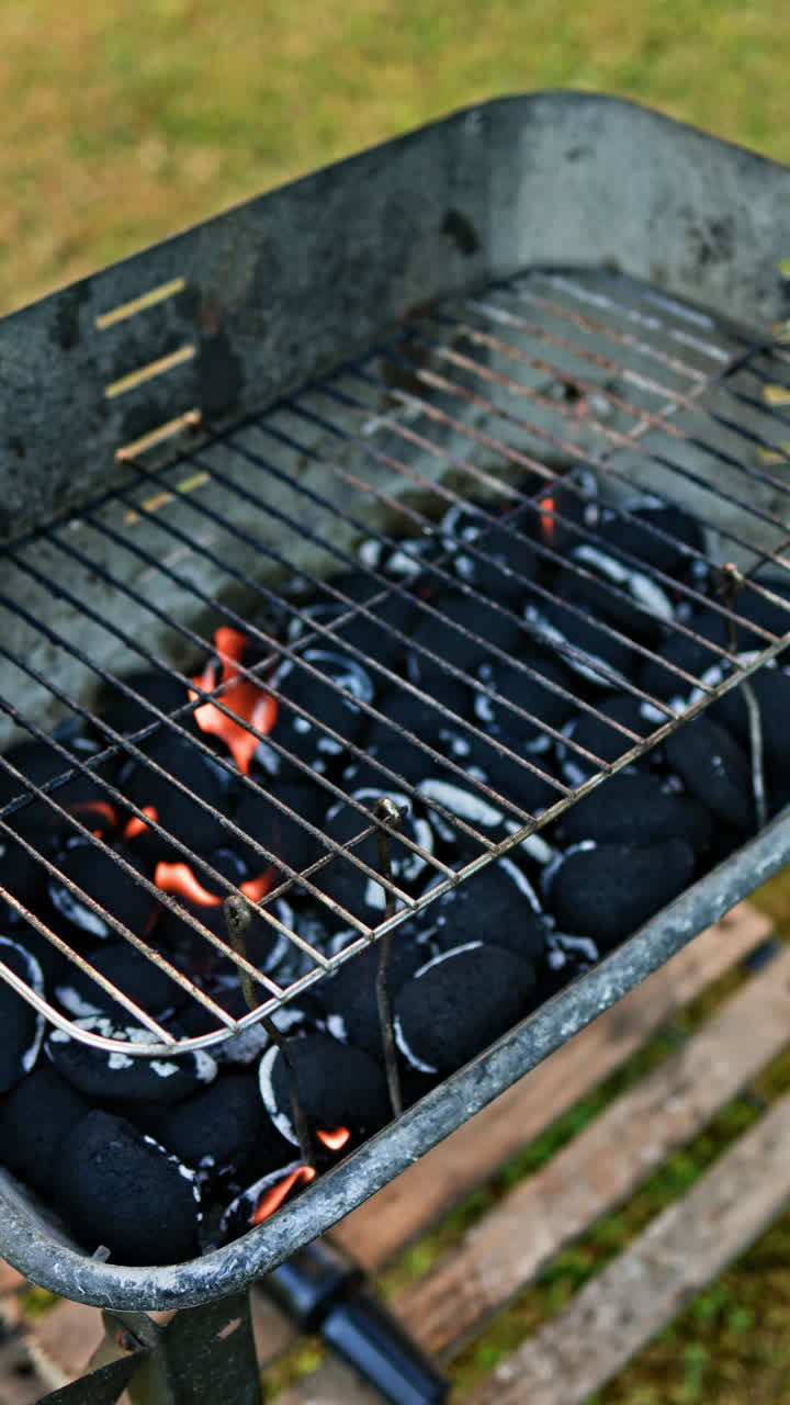Bricchette di carbone che bruciano in un barbecue all'aperto. Griglia per cuocere la carne all'esterno.