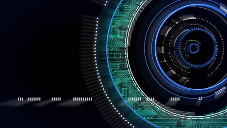 digital animation of microprocessor connections over neon round scanner on black background