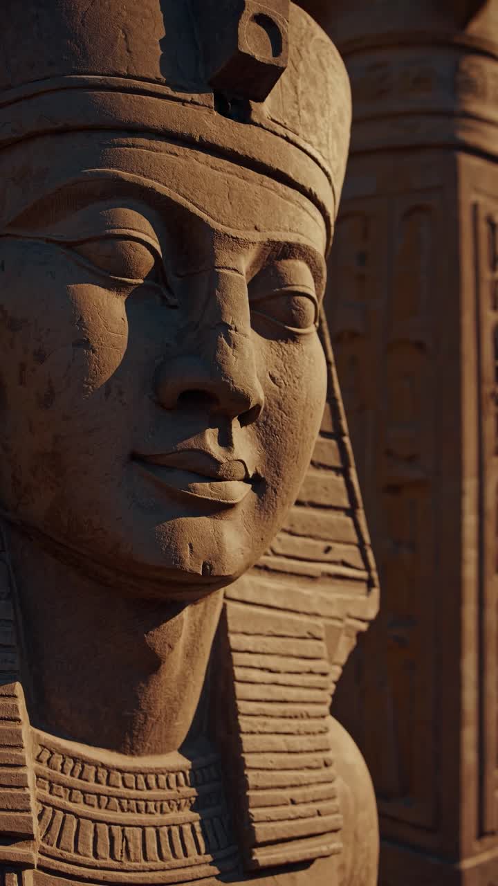 Close-up of an ancient Egyptian statue in warm light, captured from a low angle