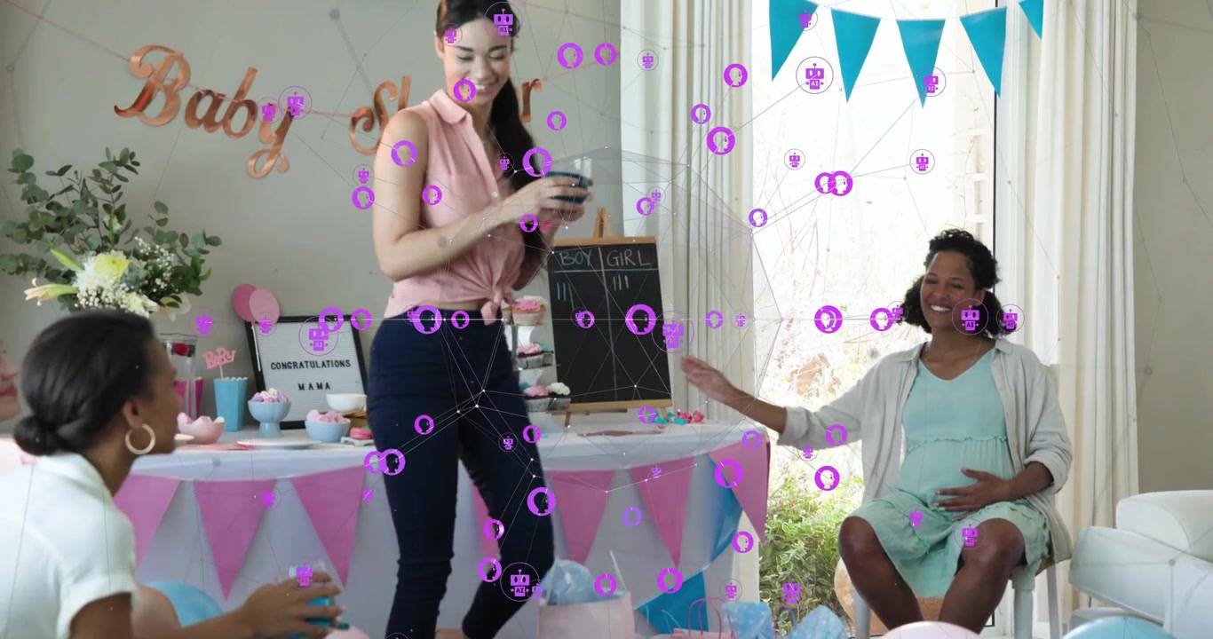 Anfitrión colocando una pizarra marcada "Niño vs Niña" mientras entrega frascos de dulces para un juego de baby shower.