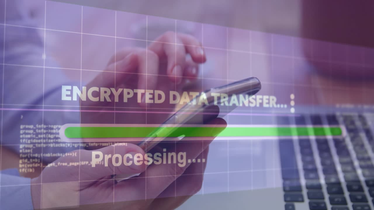 Hand holding smartphone showing encrypted transfer overlay on laptop keyboard with grid and code