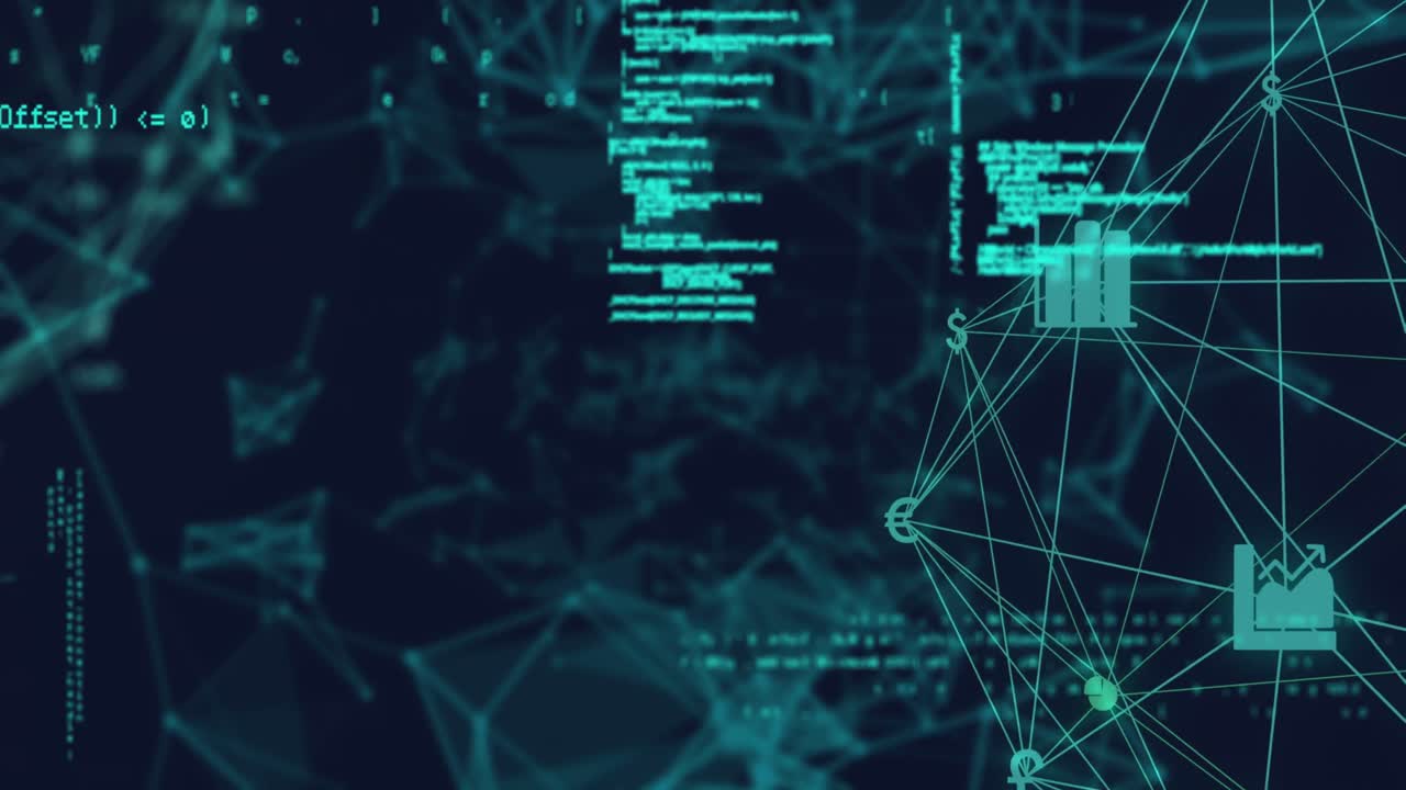 animación de procesamiento de datos e iconos de medios en fondo azul