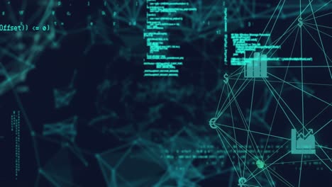 animation of data processing and media icons on blue background
