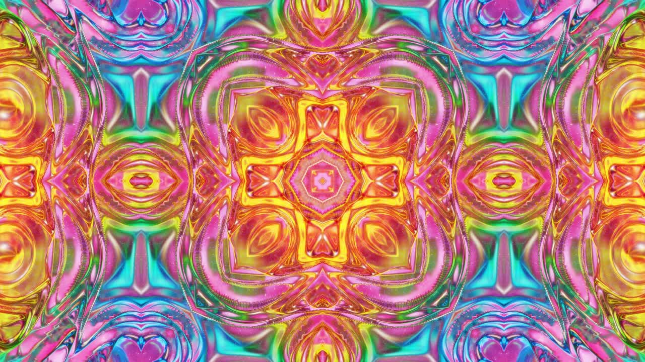 patrón ondulado líquido como el caleidoscopio con olas o mandala, gradiente multicolor. 3d elegante abstracto en bucle bg, estructura simétrica ondulada de líquido brillante. animación fluida colorida de moda 4k.