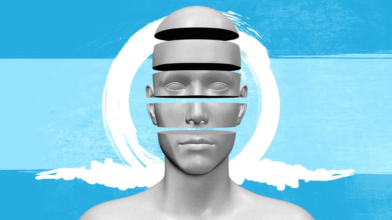 minimal gráfico colorido diseño psicodélico con formas grunge. cuerpo humano arte conceptual abstracto. personaje 3d realista hombre o mujer en estilo moderno de stop motion creativo. animación de moda brillante.