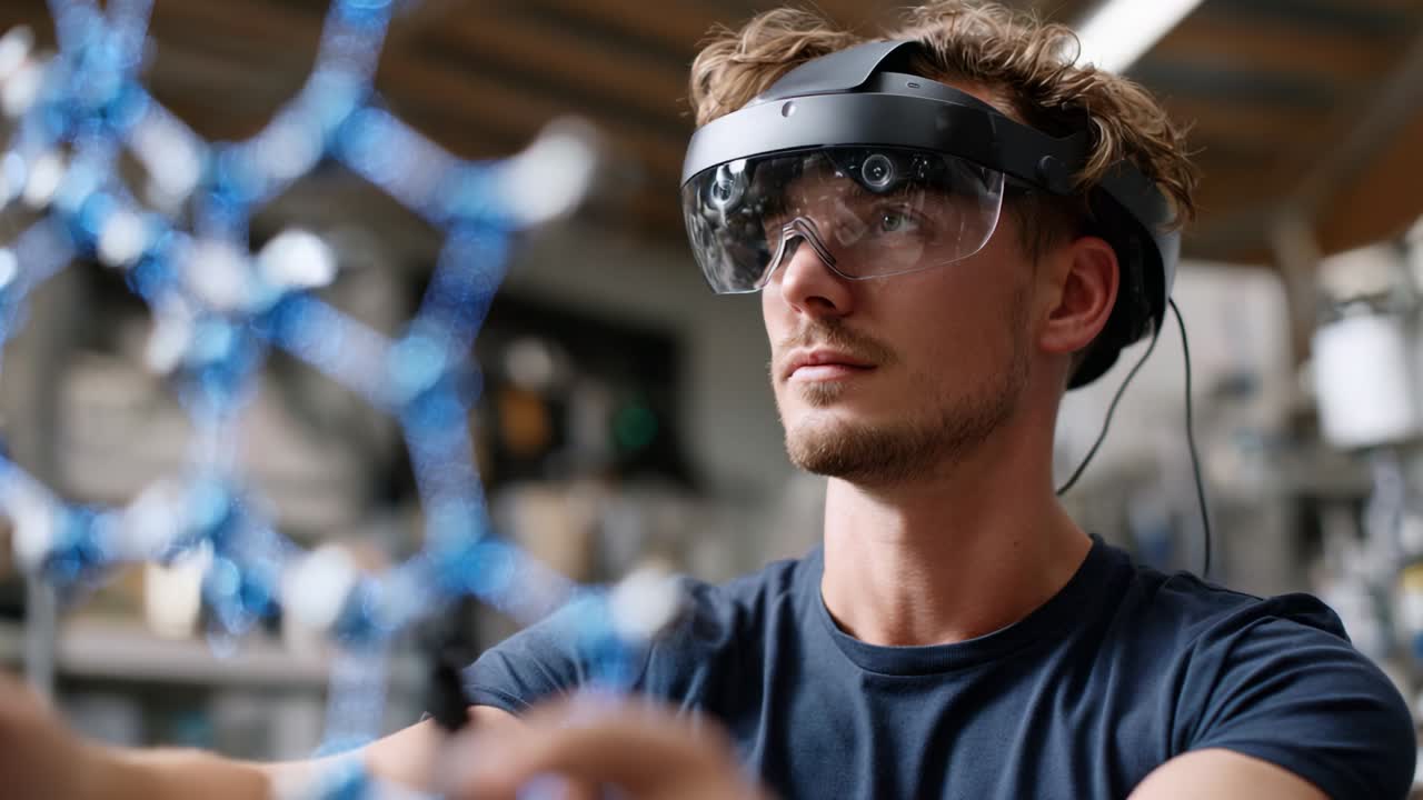 A focused individual utilizing augmented reality technology to manipulate a molecular structure in a development lab, showcasing innovation and the intersection of science and engineering