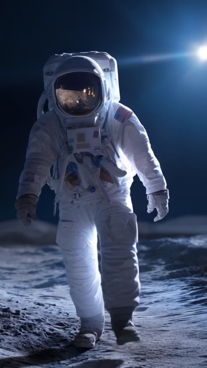 An astronaut walks confidently across the lunar surface, illuminated by a bright light, showcasing the extraordinary conditions and exploration of outer space