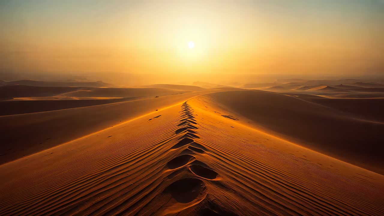 Moving camera tracking sharp sand dune crest along desert ridge at low sun, revealing ripples