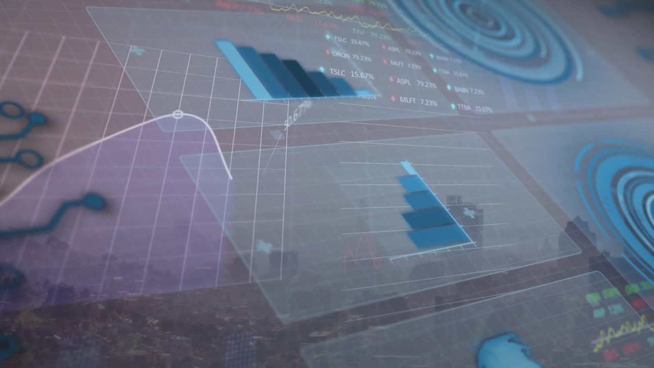 animación del procesamiento de datos financieros sobre el paisaje urbano