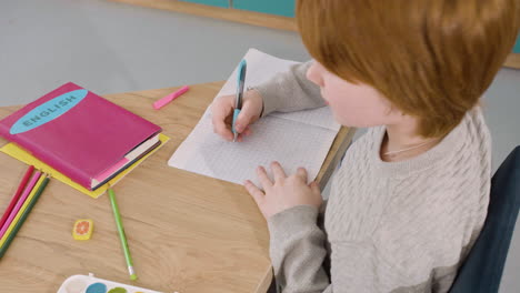 ginger boy writing in notebook a past simple sentence during english class at school