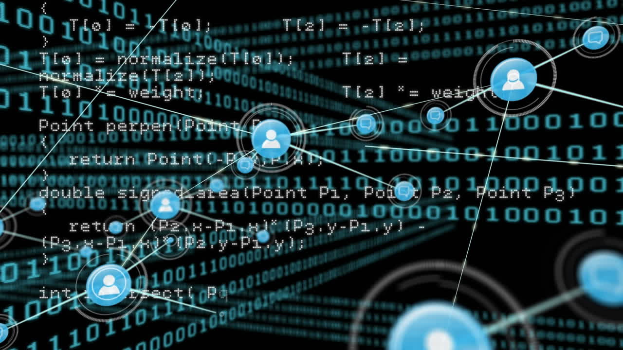 Animation of network of connection with icons over black background with blue binary code