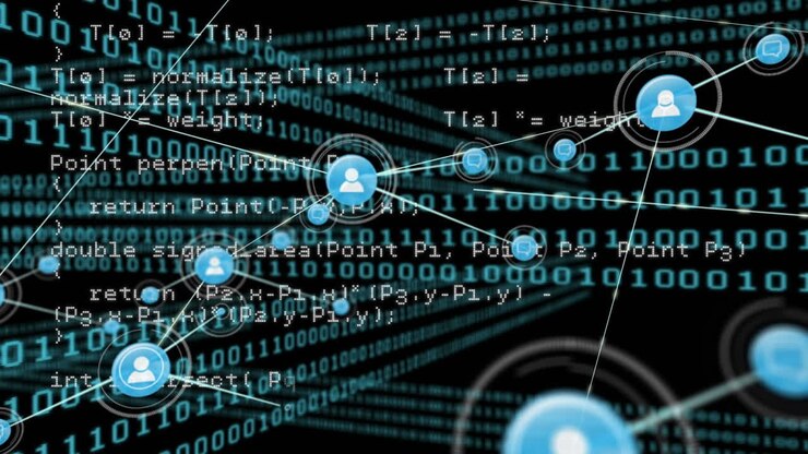 Animazione di rete di connessioni con icone su sfondo nero con codice binario blu