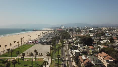 los angeles palm tree beachfront property coastline aerial rising view above downtown rooftops