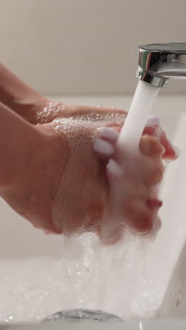 woman with neat light manicure washes hands with tap water slow motion. young female cleans skin from germs standing by white washbasin. bathroom interior