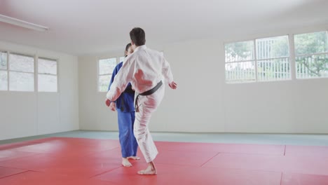 judokas training by doing a randori on the judo mat