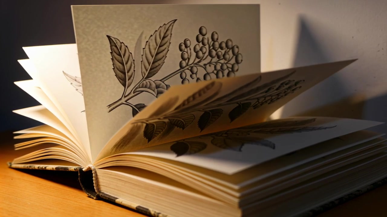 Sollevando le pagine aperte di un libro botanico rilegato mosse da una corrente d'aria su un tavolo di legno, rivelando illustrazioni