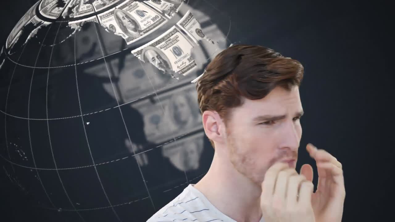 미국 달러 지폐가 회전하는 지구 위에서 걱정하는 백인 남자의 애니메이션