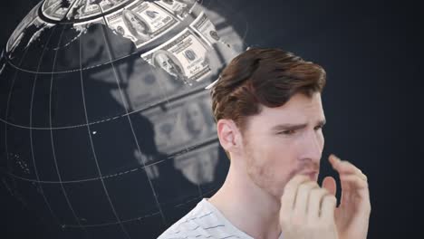 animación de un hombre caucásico preocupado sobre un globo de billetes de dólares estadounidenses girando