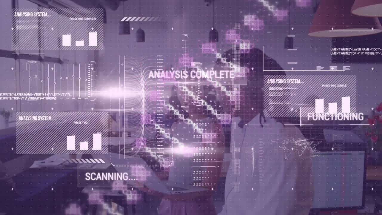 animación de procesamiento de datos y cadena de adn sobre diversas personas de negocios en la oficina.